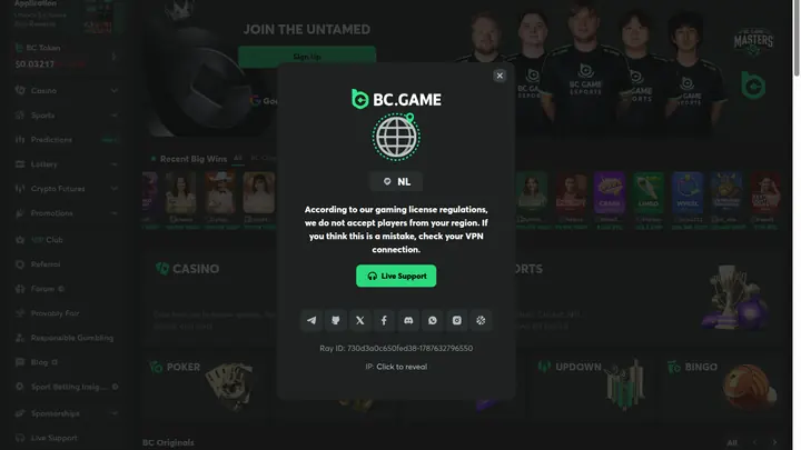 Skärmbild av lobbyn hos BC.Game